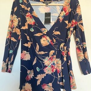 Lauren Ralph Lauren Floral Wrap Top Navy Long Sleeve Gold Ring Sz M
